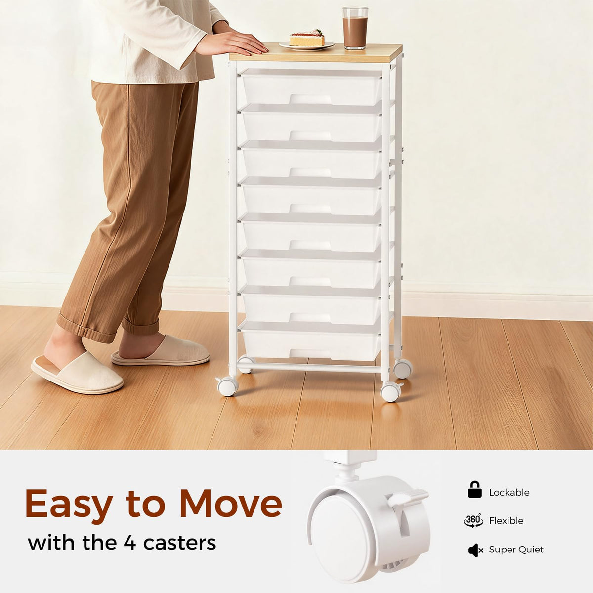 White 8 Drawer Rolling Storage Cart with Wooden Tabletop I54525