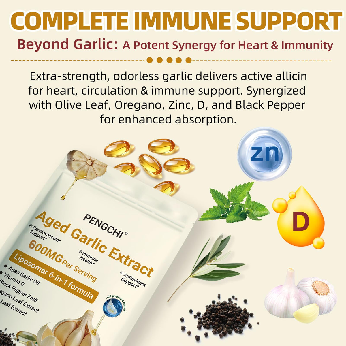Aged Garlic Extract with Vitamin D Zinc Oregano Olive Leaf Black Pepper 300 Softgels Q314445