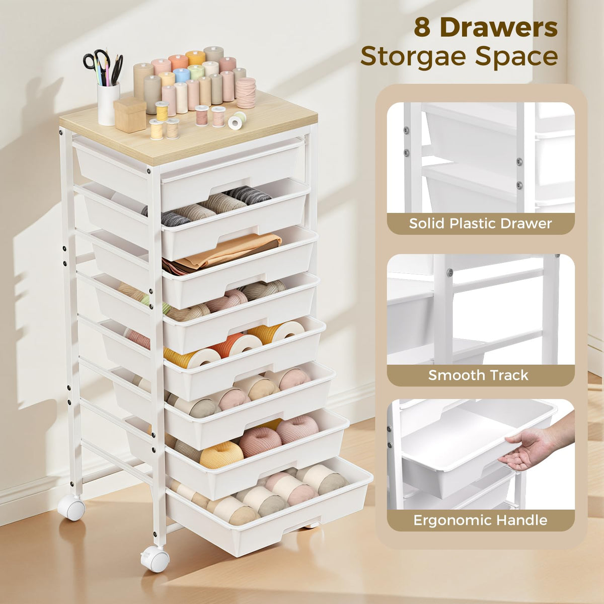 White 8 Drawer Rolling Storage Cart with Wooden Tabletop I54525
