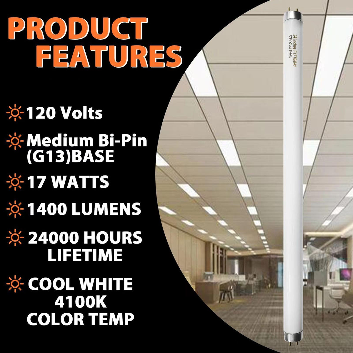 8 Pack 24 inch 17 Watts T8 Fluorescent Tube Light 4100K Cool White N2564