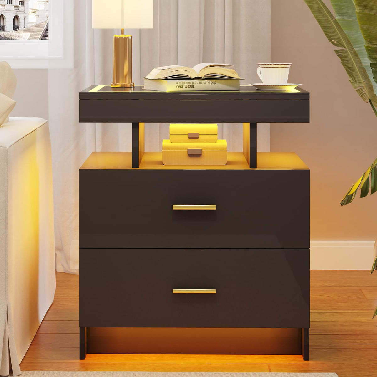 Black LED Nightstand with Wireless Charging Station S9880
