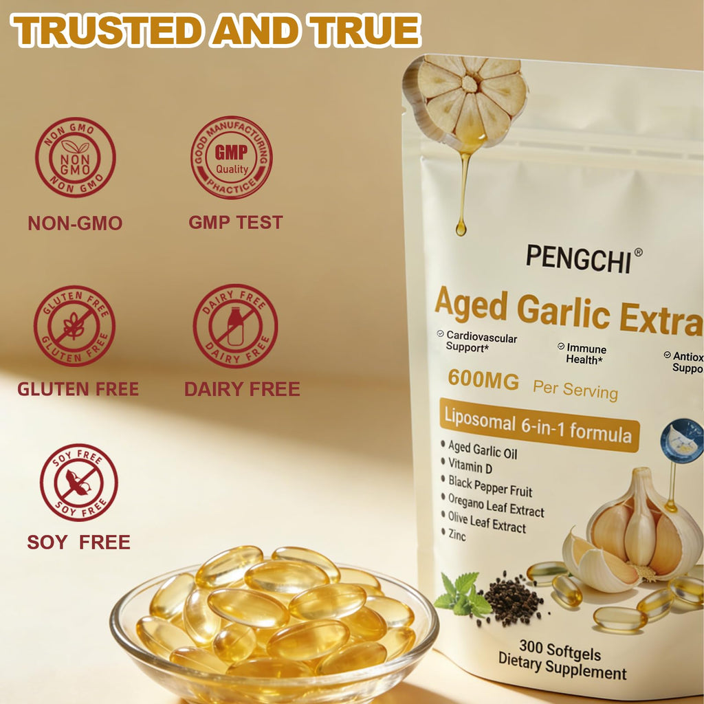 Aged Garlic Extract with Vitamin D Zinc Oregano Olive Leaf Black Pepper 300 Softgels Q314445