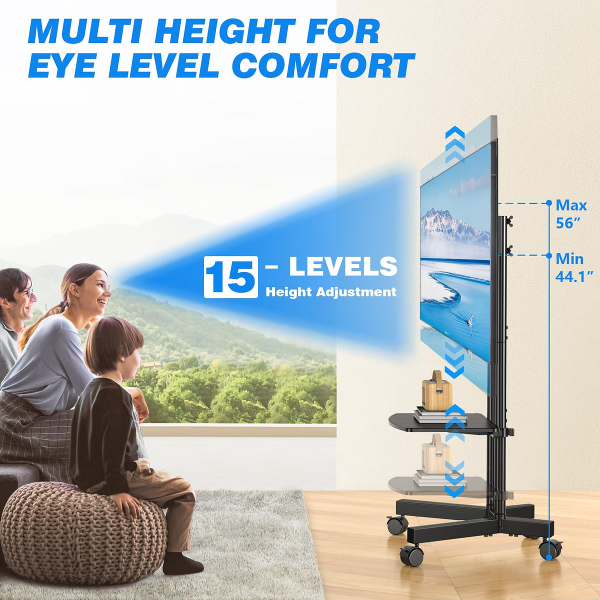 Rolling TV Stand with Laptop Shelf, Height Adjustable up to 88lbs P550