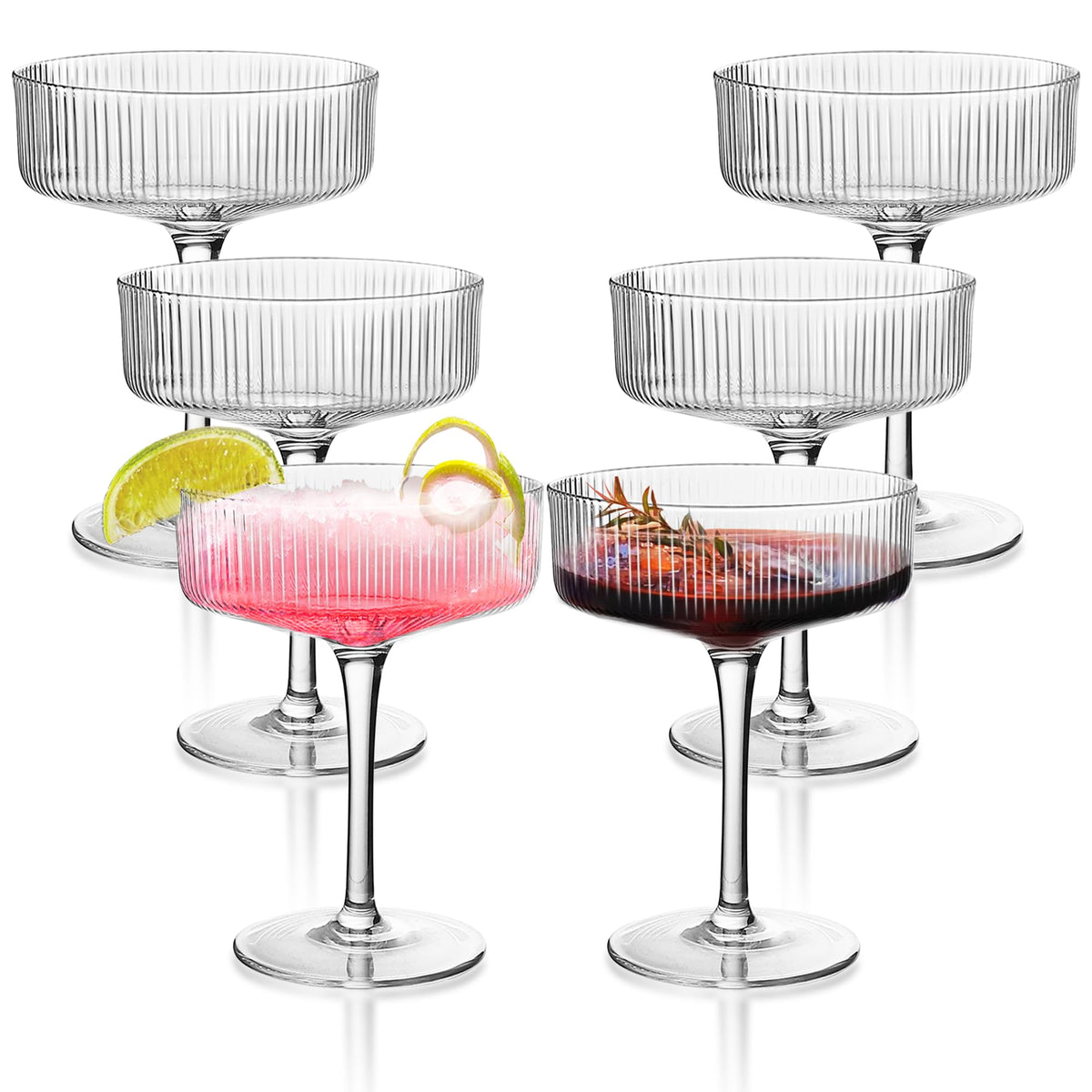 Ribbed Coupe Glasses Set of 6, 10 oz Crystal Cocktail Glassware Q802623