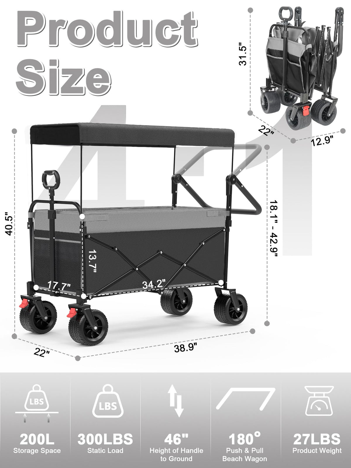 Collapsible Wagon with Canopy Black P495927