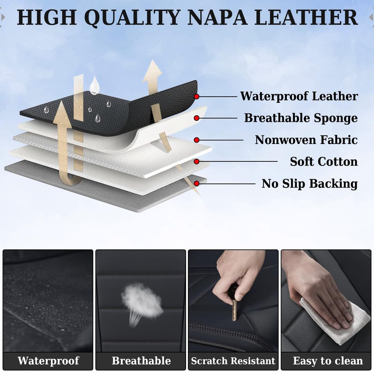 Black Nappa Leather Waterproof Car Seat Covers Full Set B15735