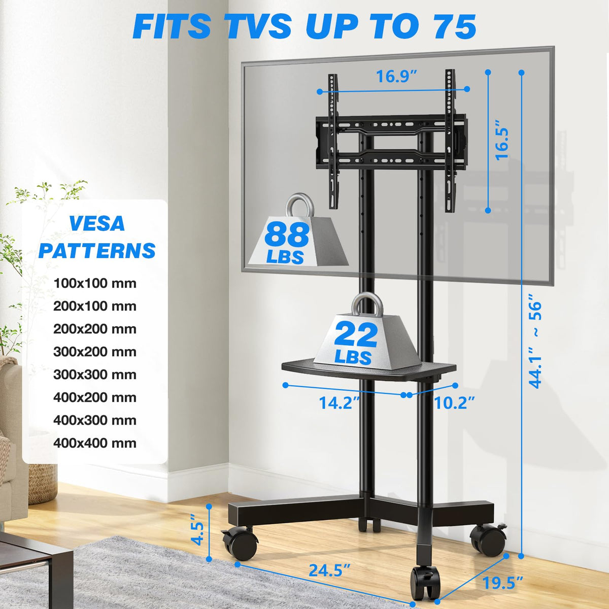 Rolling TV Stand with Laptop Shelf, Height Adjustable up to 88lbs P550