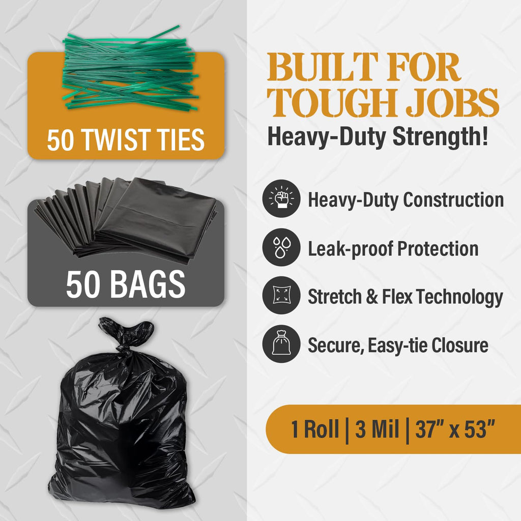 55 Gallon Heavy Duty 3 Mil Black Trash Bags 50 Ct Y67694