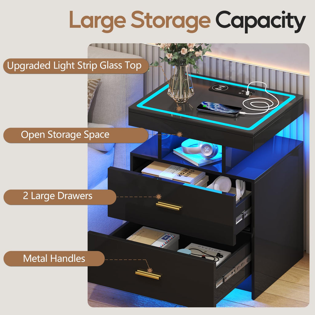 Black LED Nightstand with Wireless Charging Station S9880