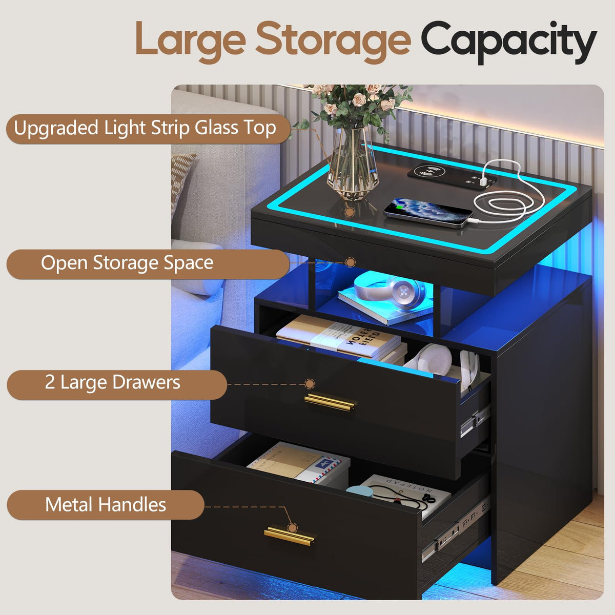 Black LED Nightstand with Wireless Charging Station S9880