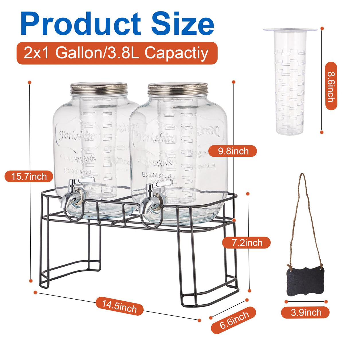 1 Gallon Glass Drink Dispenser with Stand, 2 Pack G462