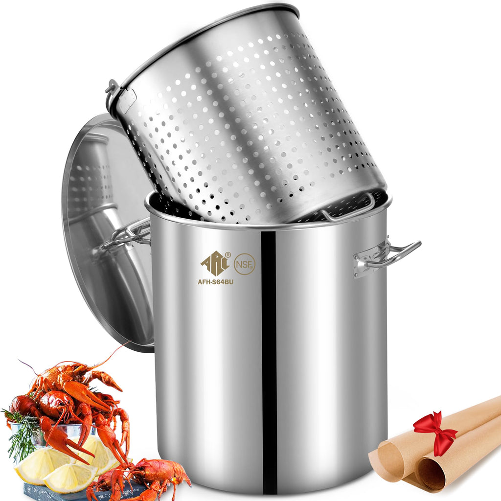 64 QT Stainless Steel Seafood Boil Pot with Basket F7842