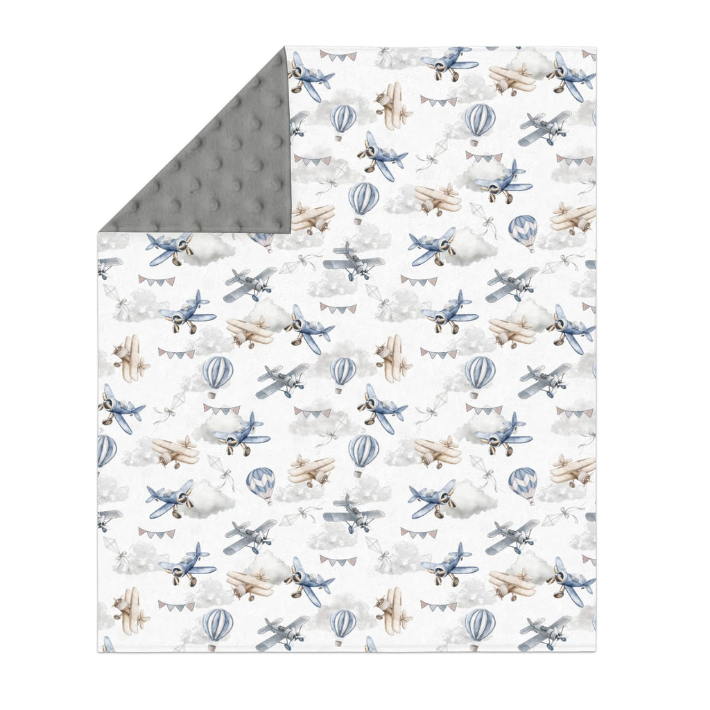 Vintage Planes Helicopters Hot Air Balloon Soft Mink Dotted Backing Double Layer Baby Blanket 30x40 R110845