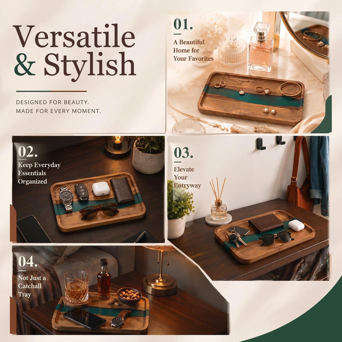Turquoise Resin Acacia Wood Valet Tray U7304