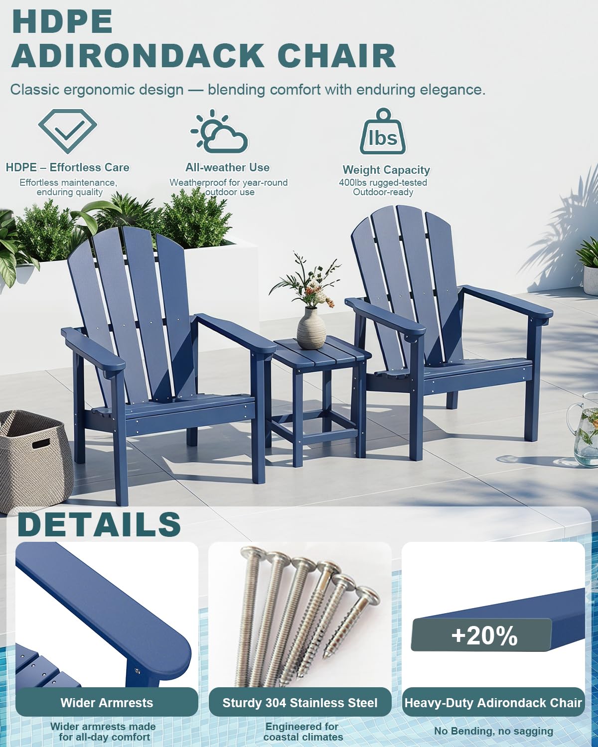 Navy Blue HDPE Adirondack Chair Set of 8 B6496