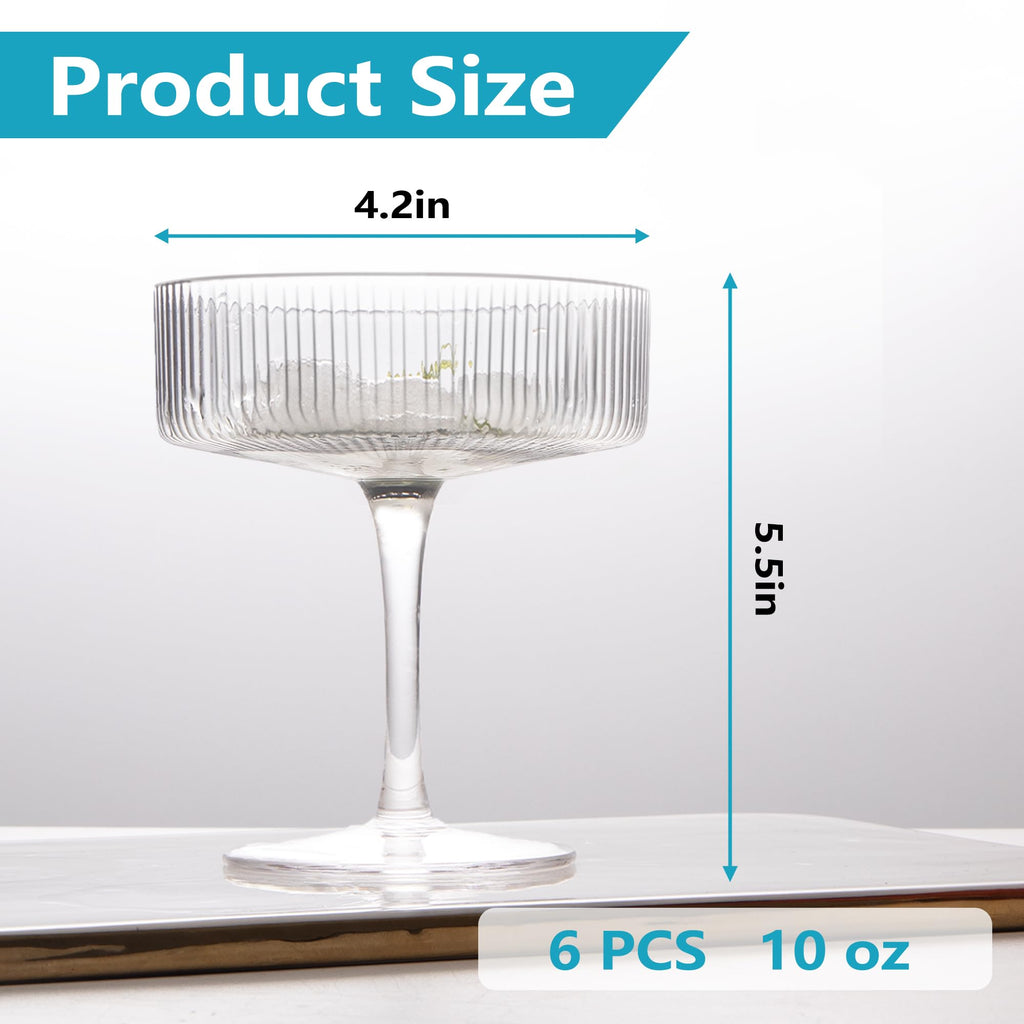 Ribbed Coupe Glasses Set of 6, 10 oz Crystal Cocktail Glassware Q802623