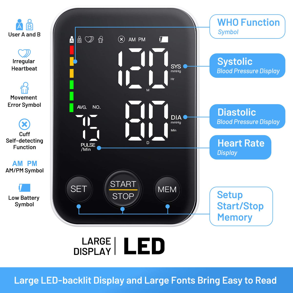 Black Upper Arm Blood Pressure Monitor with Adjustable Arm Cuff and Large Display O203549