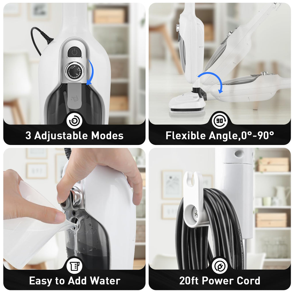 White 10-in-1 Detachable Steam Mop with 3 Microfiber Pads H7722