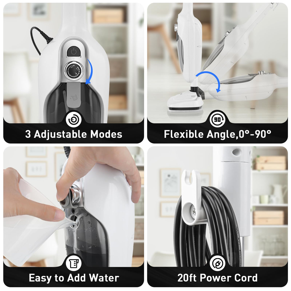 White 10-in-1 Detachable Steam Mop with 3 Microfiber Pads H7722