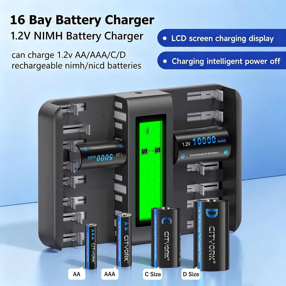 16 Pack AAA 1100mAh NiMH Batteries with 16 Bay LCD Battery Charger U52756