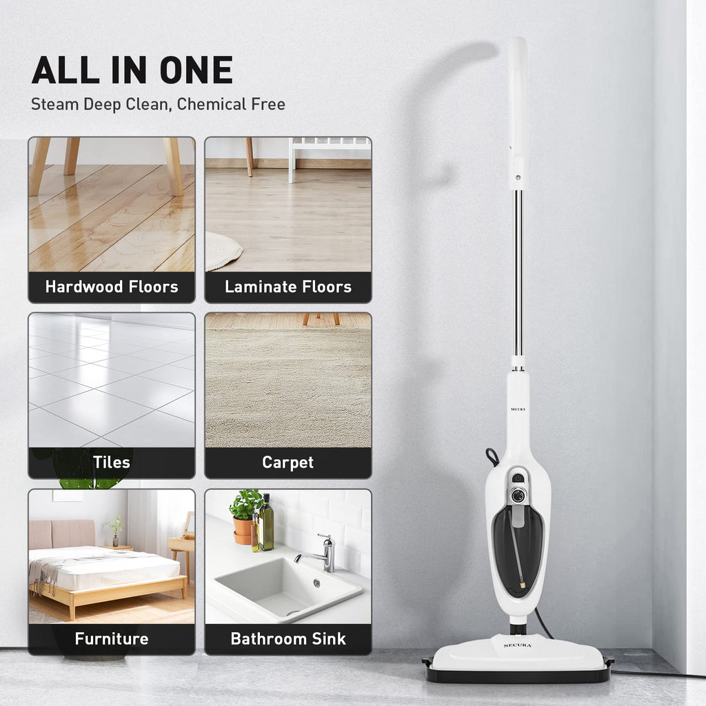 White 10-in-1 Detachable Steam Mop with 3 Microfiber Pads H7722
