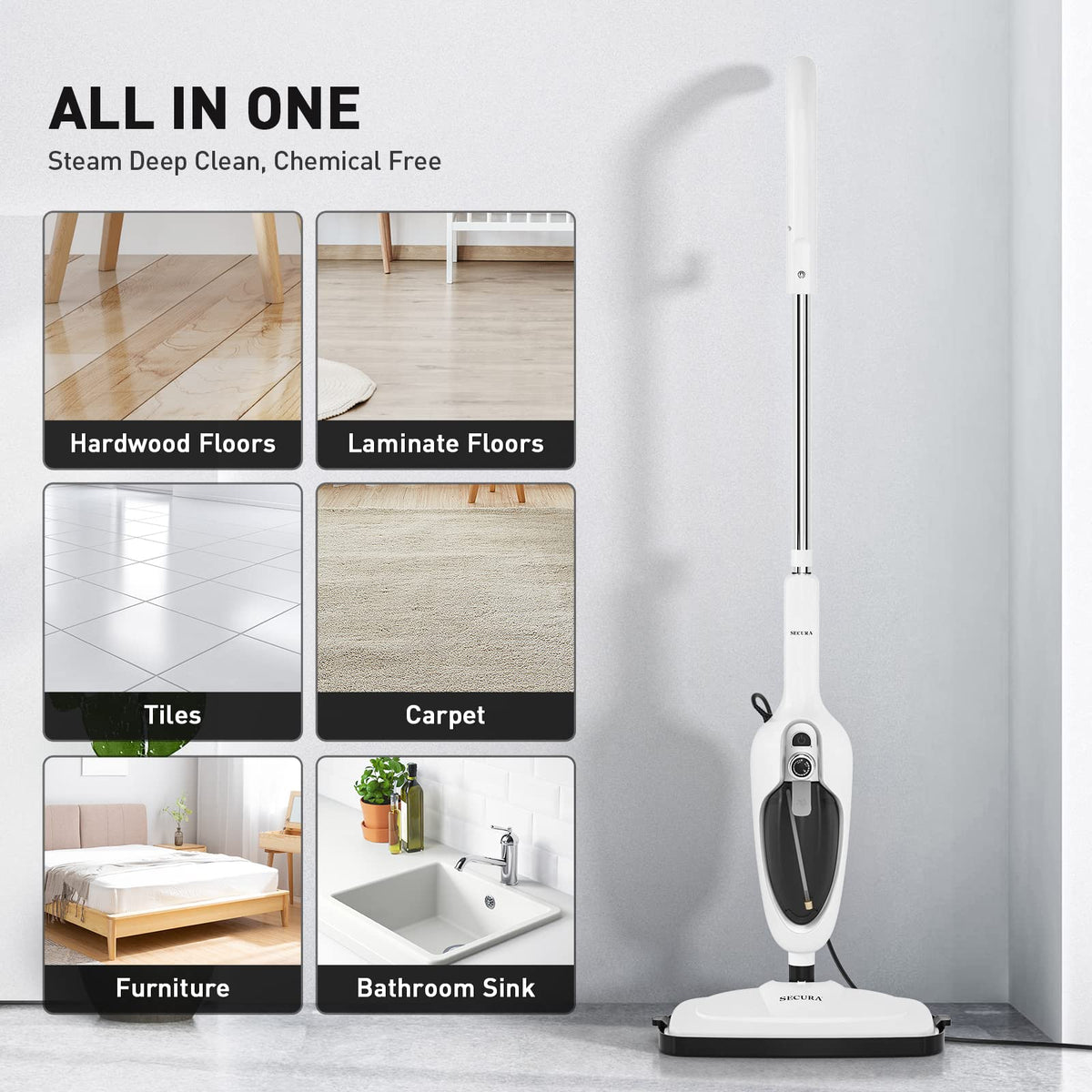White 10-in-1 Detachable Steam Mop with 3 Microfiber Pads H7722