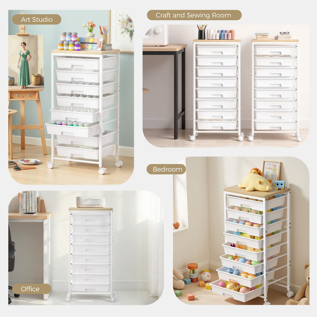 White 8 Drawer Rolling Storage Cart with Wooden Tabletop I54525