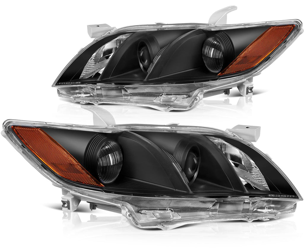 Black Housing Amber Reflector Clear Lens Headlights Assembly Pair F16375