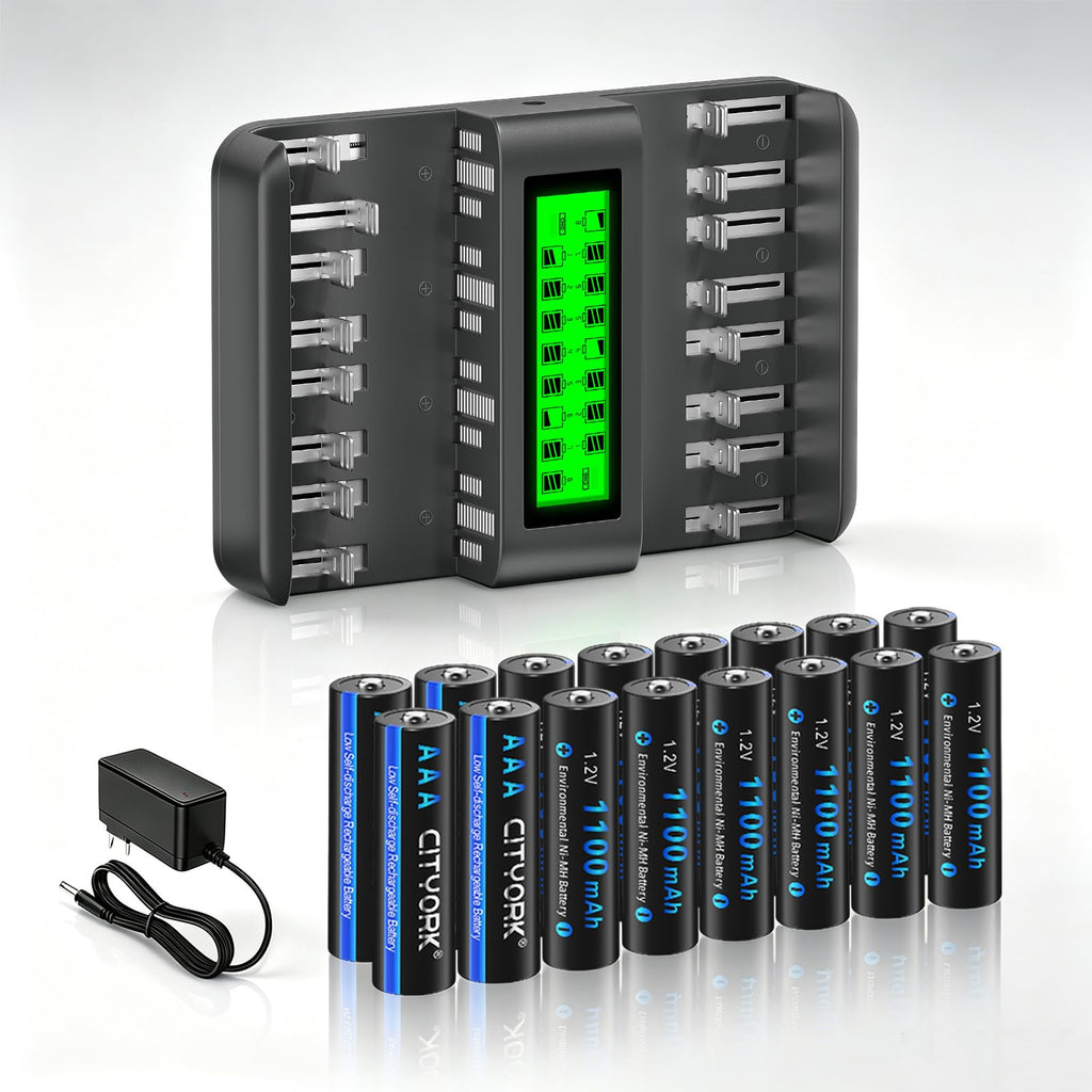 16 Pack AAA 1100mAh NiMH Batteries with 16 Bay LCD Battery Charger U52756
