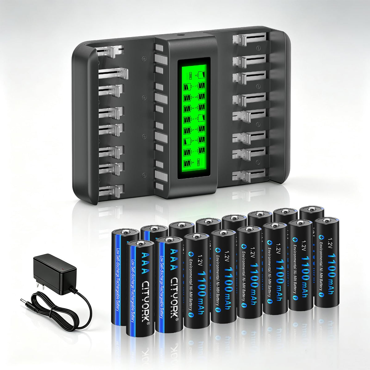 16 Pack AAA 1100mAh NiMH Batteries with 16 Bay LCD Battery Charger U52756
