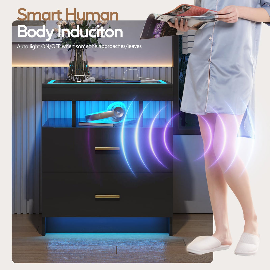 Black LED Nightstand with Wireless Charging Station S9880
