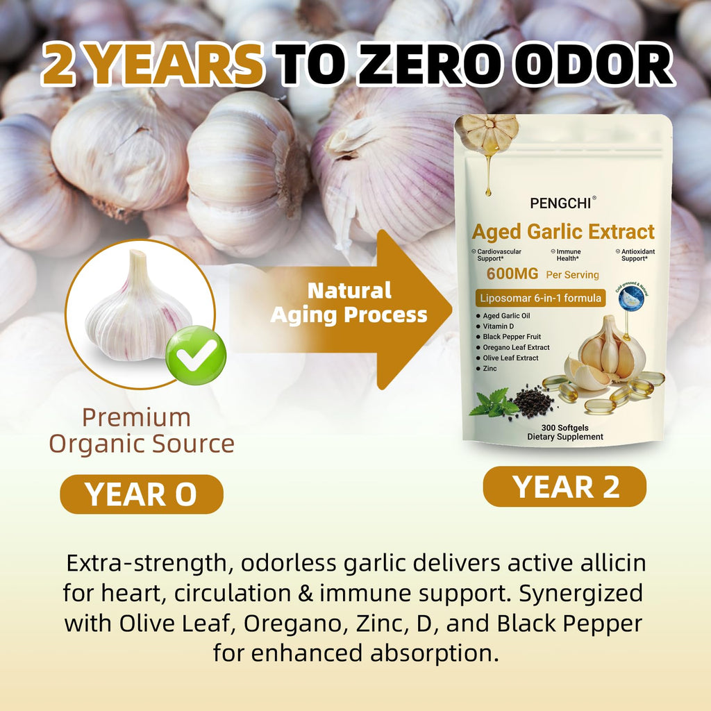 Aged Garlic Extract with Vitamin D Zinc Oregano Olive Leaf Black Pepper 300 Softgels Q314445