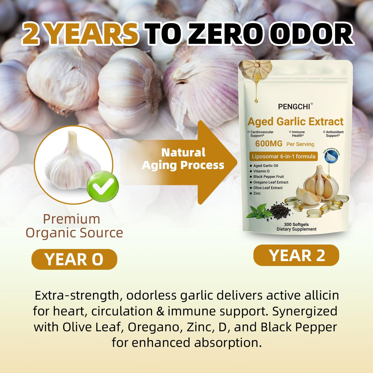 Aged Garlic Extract with Vitamin D Zinc Oregano Olive Leaf Black Pepper 300 Softgels Q314445