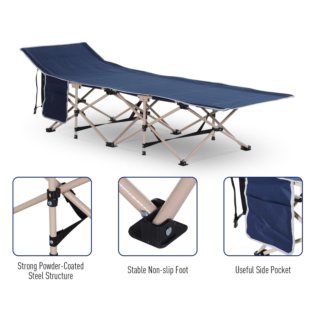 Folding Camping Cot with Carry Bag, Side Pocket, Blue G97818