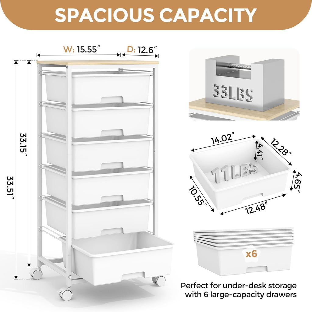 6 Drawer Rolling Storage Cart with Wooden Top and Wheels I3270