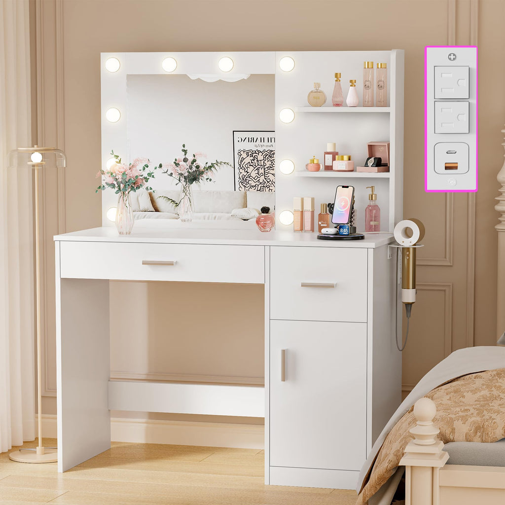 White Vanity Desk with Mirror & Charging Station P921713