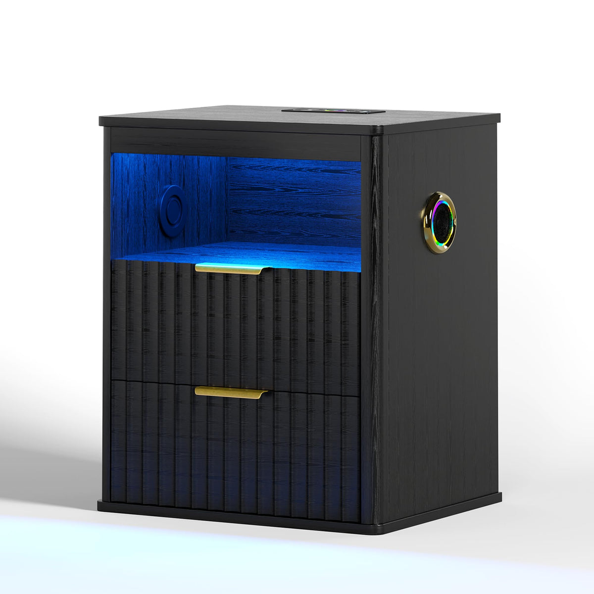 Black Smart Nightstand with Bluetooth Speaker, LED Lights, Wireless Charging, 2 Drawers & Open Shelf X4513