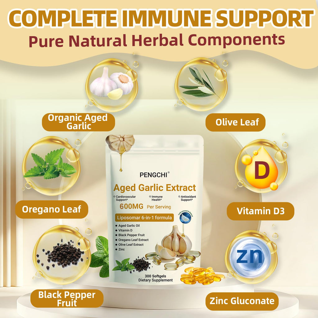 Aged Garlic Extract with Vitamin D Zinc Oregano Olive Leaf Black Pepper 300 Softgels Q314445