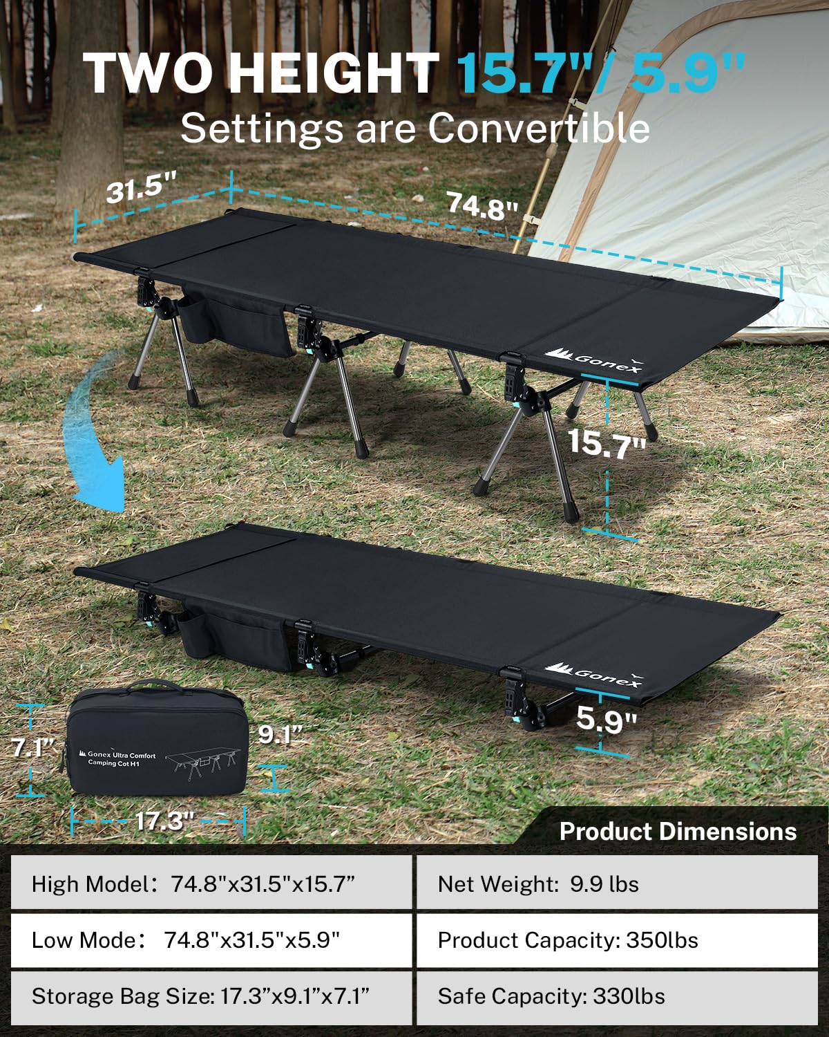 31" Adjustable Height Camping Cot G560611