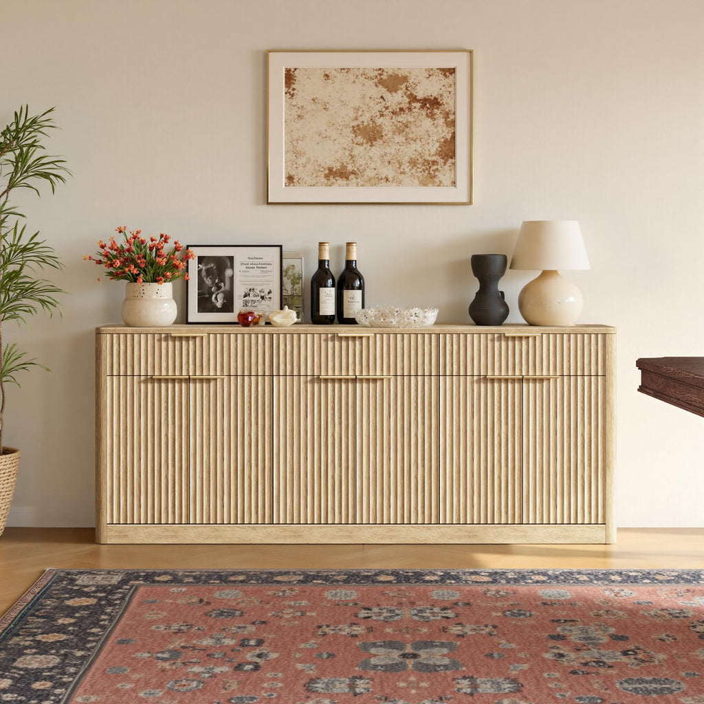 67" Fluted Oak Sideboard Buffet Cabinet with 3 Drawers T657221