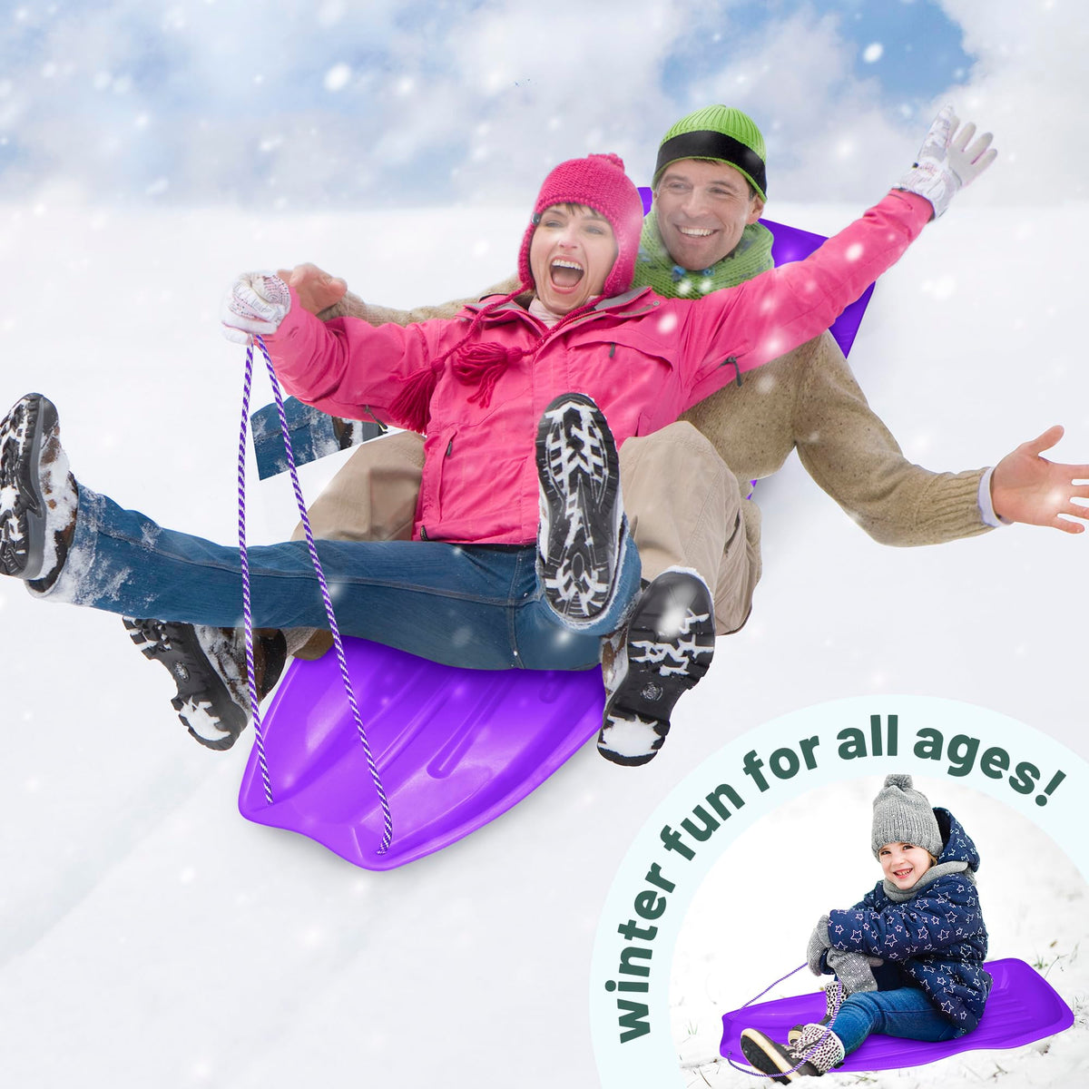 Flexible Plastic Toboggan Snow Sled with Pull Rope and Handles V9011