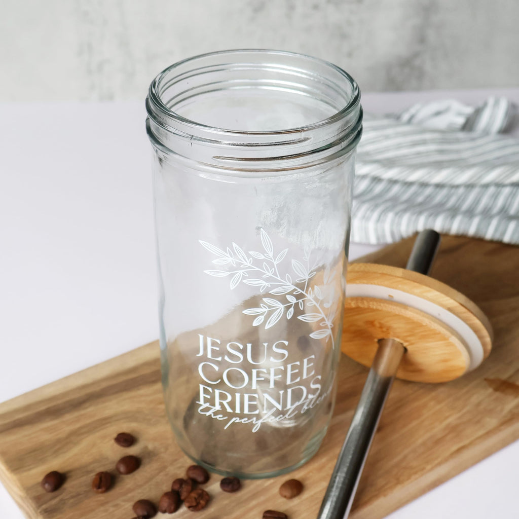Glass Cup with Acacia Lid and Stainless Steel Straw 22 Ounce O443