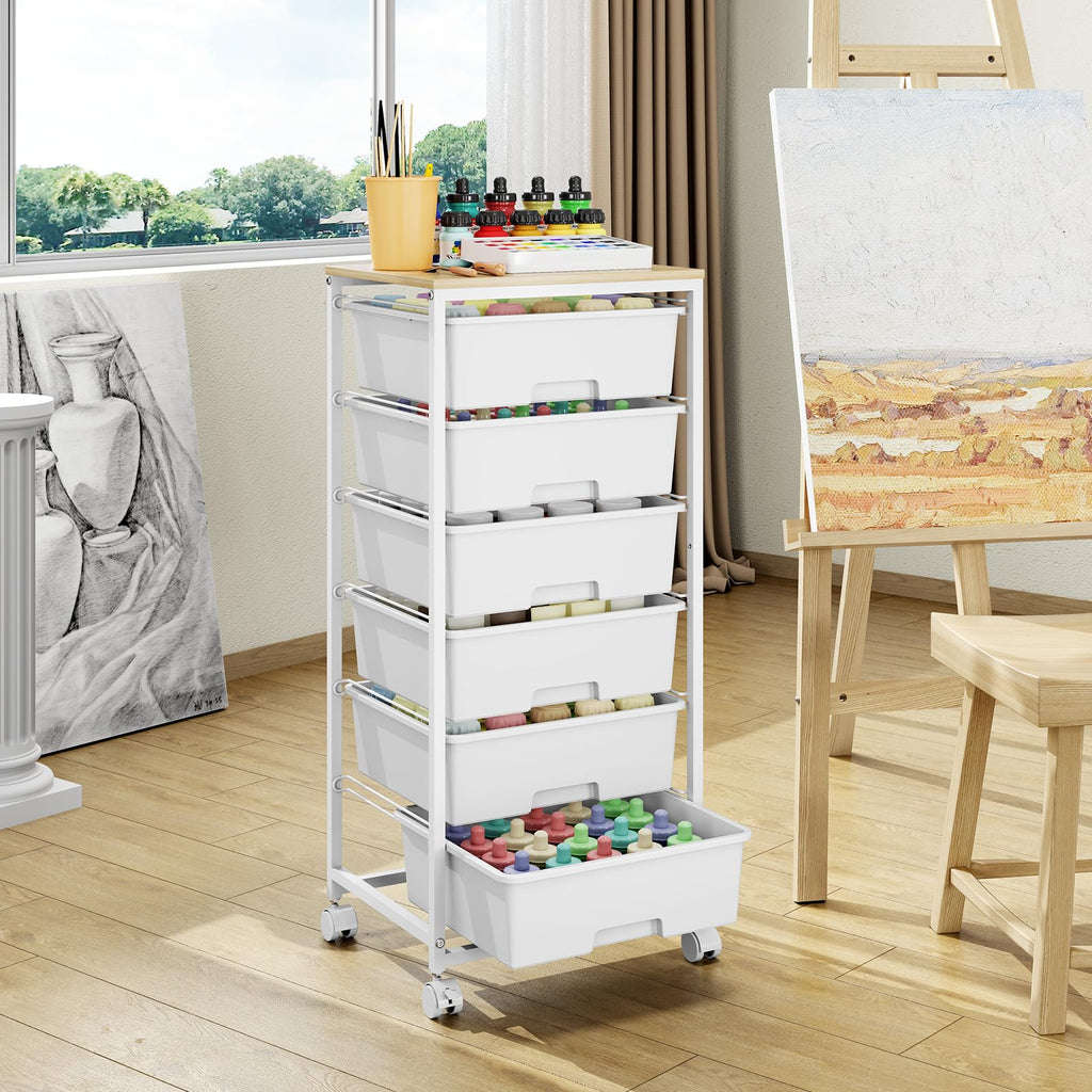 6 Drawer Rolling Storage Cart with Wooden Top and Wheels I3270