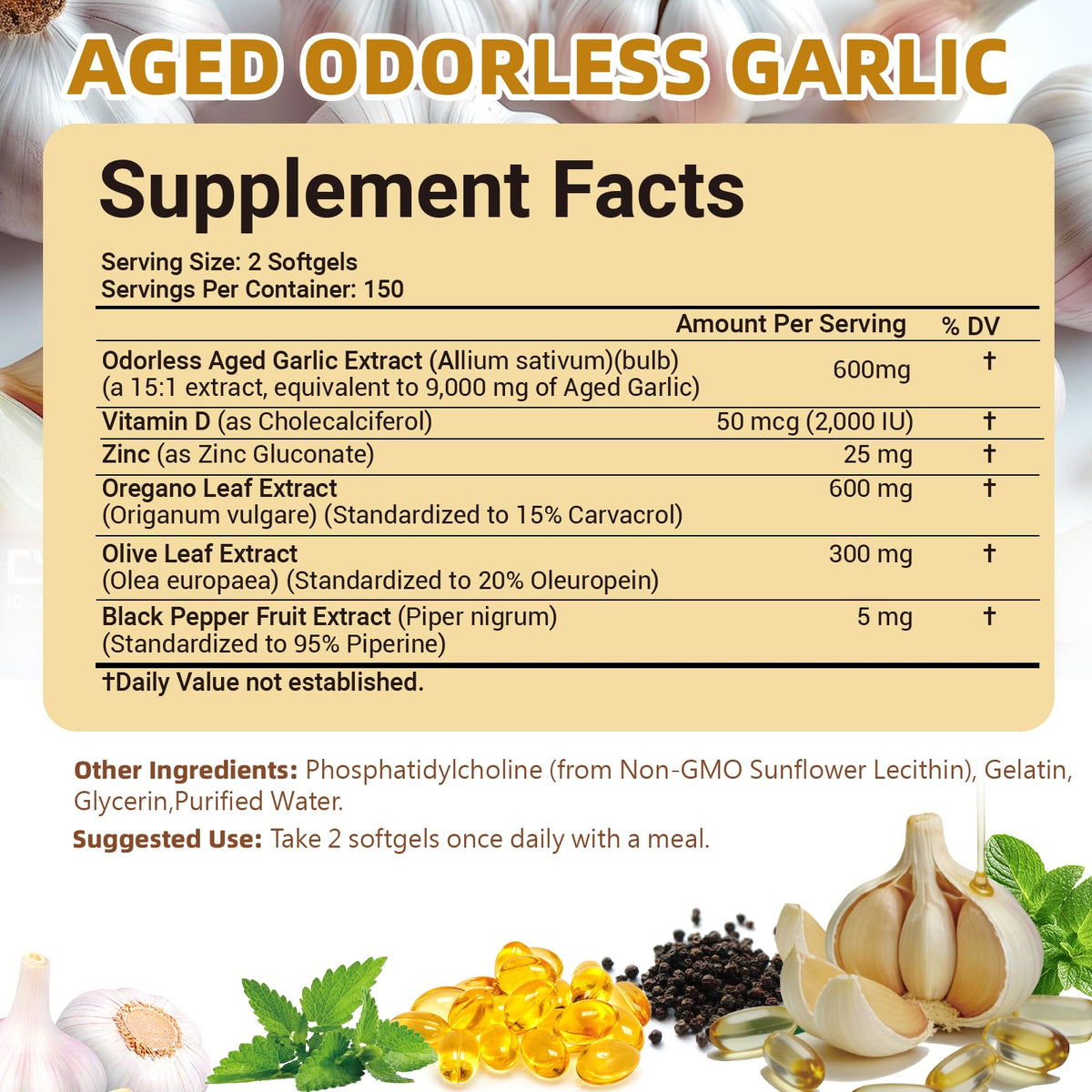 Aged Garlic Extract with Vitamin D Zinc Oregano Olive Leaf Black Pepper 300 Softgels Q314445