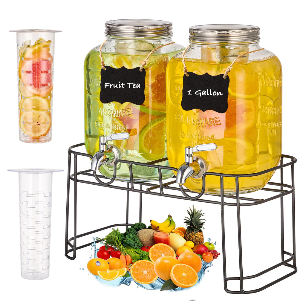 1 Gallon Glass Drink Dispenser with Stand, 2 Pack G462