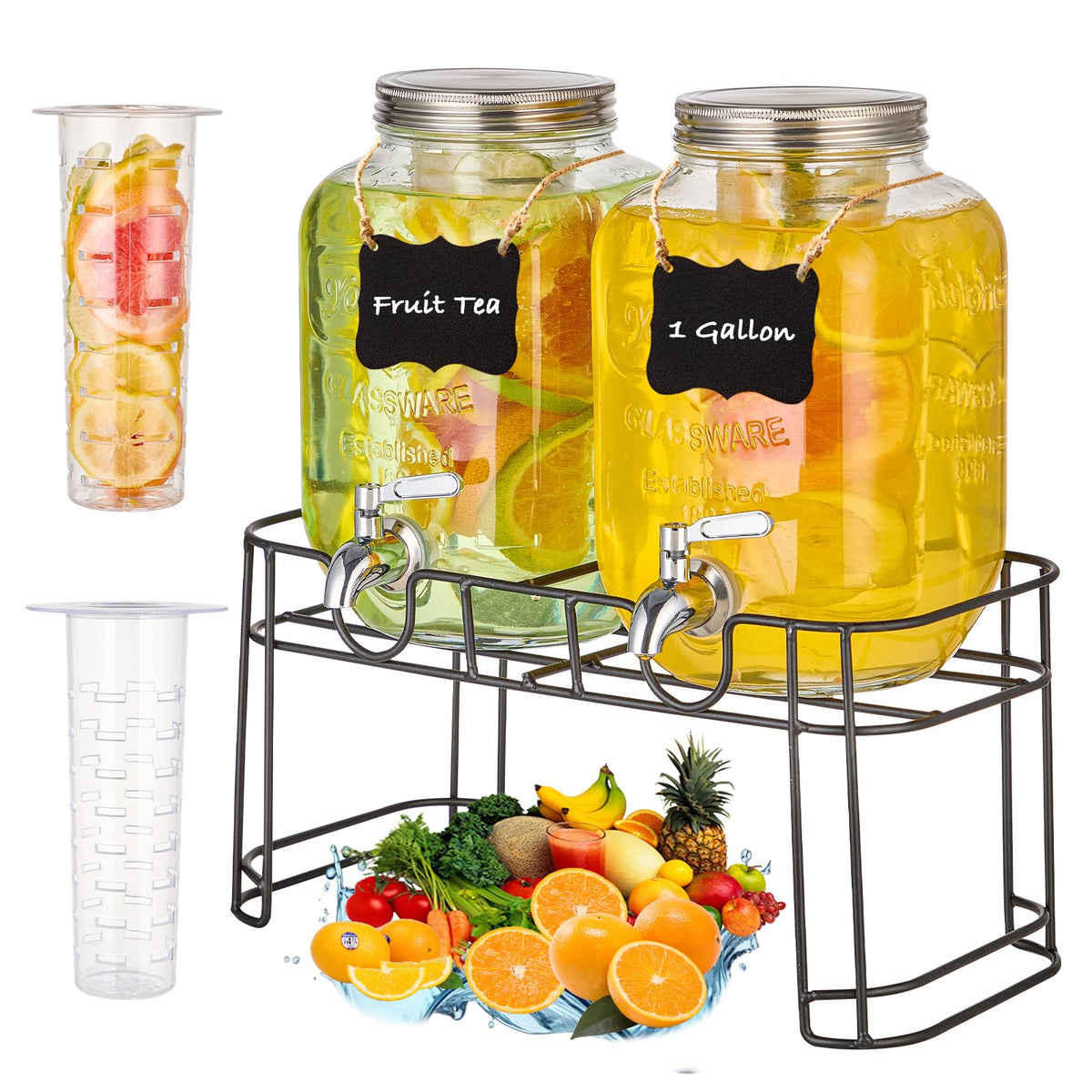 1 Gallon Glass Drink Dispenser with Stand, 2 Pack G462