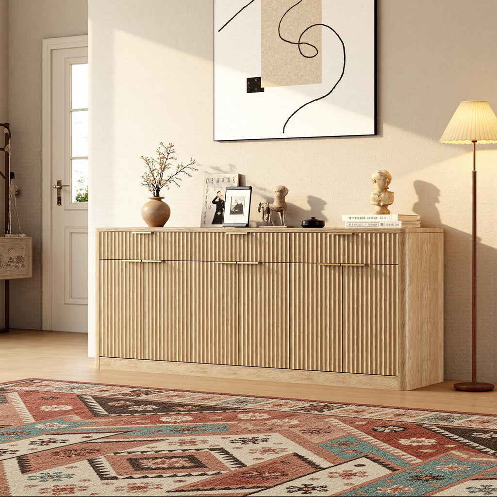 67" Fluted Oak Sideboard Buffet Cabinet with 3 Drawers T657221