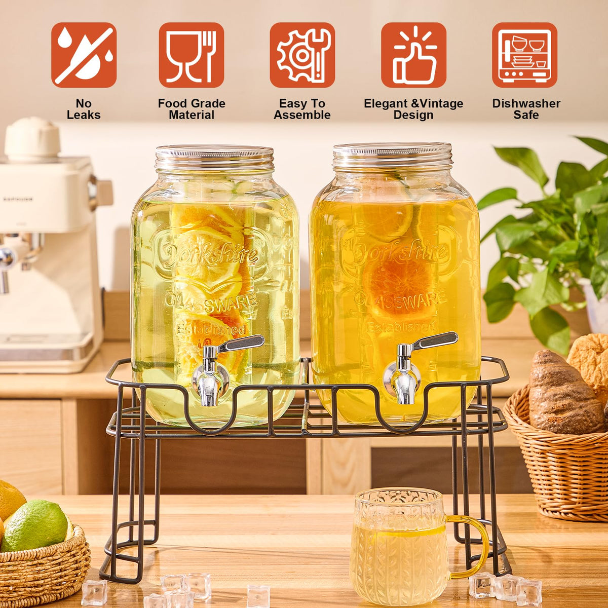 1 Gallon Glass Drink Dispenser with Stand, 2 Pack G462