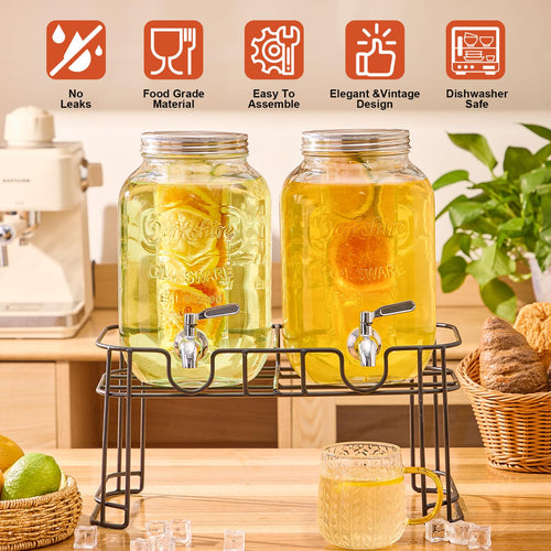1 Gallon Glass Drink Dispenser with Stand, 2 Pack G462