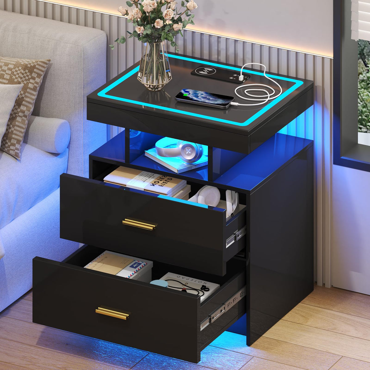 Black LED Nightstand with Wireless Charging Station S9880